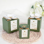 FEIYI 20 PCS Favor Boxes, 3 In 1 Olive Green Candy Boxes with Floral Decor, White Thank You Tags Gold Foil Print Gift wrapping for Wedding, Baby Shower, Birthday, Decorations Party - 2.55x2.55x2.55