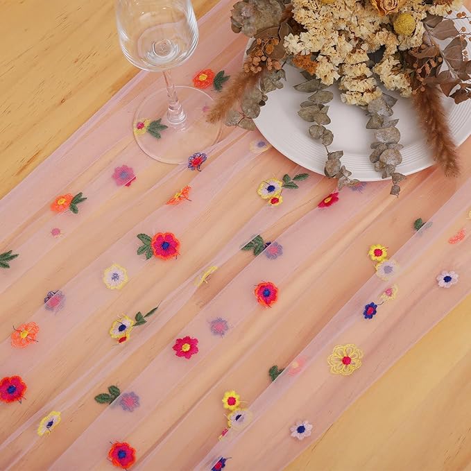 BINBE 1pcs Pink Daisy Fall Table Runner Embroidery Gauze 10FT Florals Seasonal Tulle Holiday Birthday Kitchen Dining Table Decor for Home Party