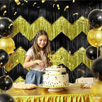 KatchOn, Black and Gold Fringe Backdrop Curtain - XtraLarge 6.6x1.7 Feet, Pack of 6 | Graduation Backdrop for Graduation Decorations 2025 | Fringe Curtain for Birthday Decorations | Prom Decorations