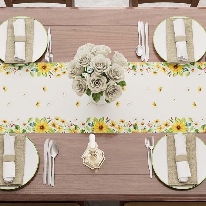 XCHI Yellow White Daisies Flowers Gnomes Spring Table Runner Burlap Table Decoration for Summer Seasonal Home Kitchen Dining Dinner Indoor Holiday Farmhouse Decor 13x36 Inch
