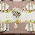 XCHI Yellow White Daisies Flowers Gnomes Spring Table Runner Burlap Table Decoration for Summer Seasonal Home Kitchen Dining Dinner Indoor Holiday Farmhouse Decor 13x120 Inch