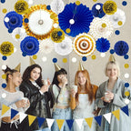 Blue and Gold Party Decorations - 23Pcs Navy Blue White Gold Baby Shower Birthday Decor for Men Boy Kids with Hanging Paper Fans, Pom Poms Flowers, Garland String Polka Dot Packs