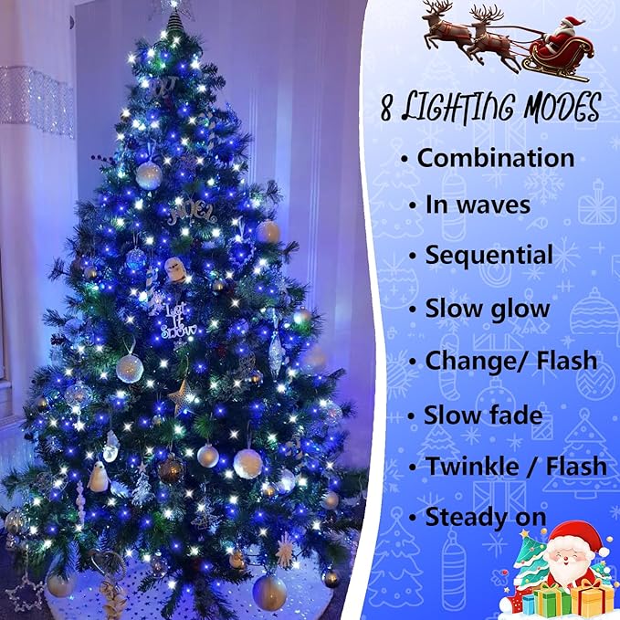 YEGUO 165ft 500 LED Blue and White Christmas Lights Outdoor Waterproof, Clear Wire String Lights Indoor Plug in, 8 Modes Clear Wire Twinkle Tree Light for Xmas Party Garden