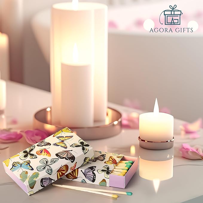 Decorative Matches Box -4-Inch Long Matches for Candles with Strike - Wooden Colorful Candle Sticks with Rainbow Tips - 50 Pc Match Sticks - Matchbox Designs of Your Choice (2 Unique Box Designs)