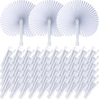 Handepo 200 Pieces Wedding Fans Folding Paper Fans Paper Fans Round Shaped Folding Fans Handheld Fan with Plastic Handle for Wedding Celebration Birthday Party Favor (White)