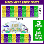 3 Pack Gold Green Purple Foil Fringe Table Skirts Metallic Tinsel Streamers Garland Banner Backdrop for Table Decor, Parade Float, Birthday, Wedding, Halloween, Christmas Party Decorations(29x108 In)
