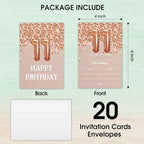 11th Birthday Invitation Cards, Rose Gold Glitter 11th Birthday Party Invites, Kids Happy Birthday Party Decorations Supplies, 20 Fill-in Cards with Envelopes for Boys or Girls Party Celebration - C03