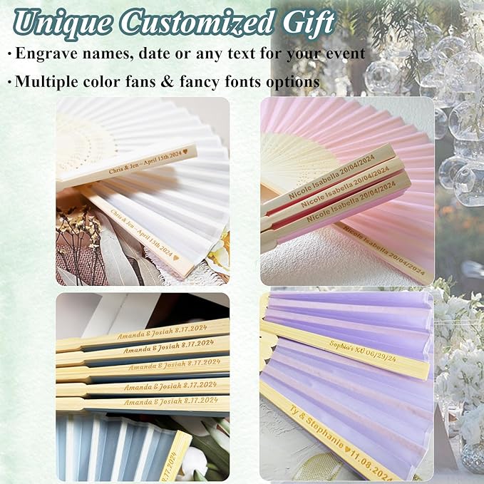100 Set Personalized Cream Wedding Fans for Guests Bulk, Custom Engraved Summer Wedding Fans, Silk Hand Fans Handheld Folded Fan Baby Shower Favors for Bridal Bridesmaid Gift Church Dancing Party