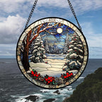 Stained Glass Window Hanging Christmas Tree Winter Snow Night Scenery Large 14.9" - Suncatcher Door Garden Kitchen Sun Catcher Home Decor Birthday for Mom Men Woman Friend