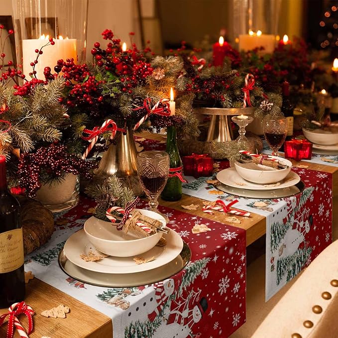 Christmas Snowman Cotton Linen Table Runner for Dining Kitchen, Xmas Tree White Snowflakes Winter Wedding Outdoor Party Tablerunners Decoration, Dresser Scarf Coffee Tablecloth Runners 13x90 Inches