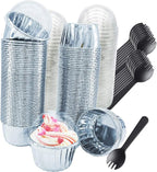 Foil Cupcake Liners with Lids 100Pack,Free-Air 3.5Oz Foil Baking Cups Mini Muffin Liners,Disposable Muffin Tins Muffin Cups,Sturdy Baking Tins Cupcake Wrappers for Individual Bakery,with Spoons-Silver