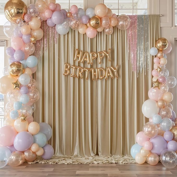60×12 ft Wrinkle Free Beige Backdrop Curtain for Wedding Parties, 12 Panels 5×12ft Long Silky Polyester Photo Backdrop Drapes for Birthday Baby Shower Photography Stage Evnets Background Cloth