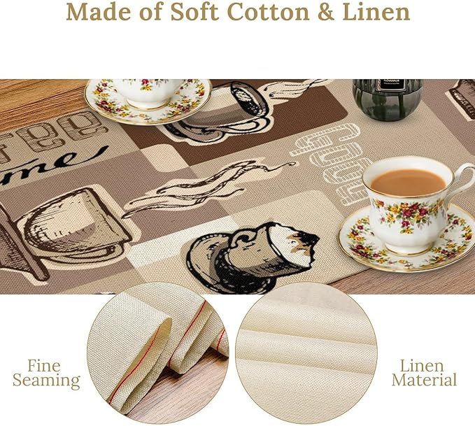 Coffee Table Runner,Vintage Style Coffee Cup Bean Abstract Theme Pattern Print Tablecloth Burlap for Hotel Indoors Outdoor Dining Room Kitchen Table Decor, 13x80in