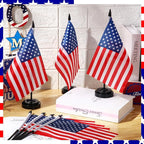 24 Pcs American Desk Flag Set Small USA Flags for Table with 13" Black Pole, Black Base and Spear Top, American Flag for Home Office Party Festival Celebrations Decor