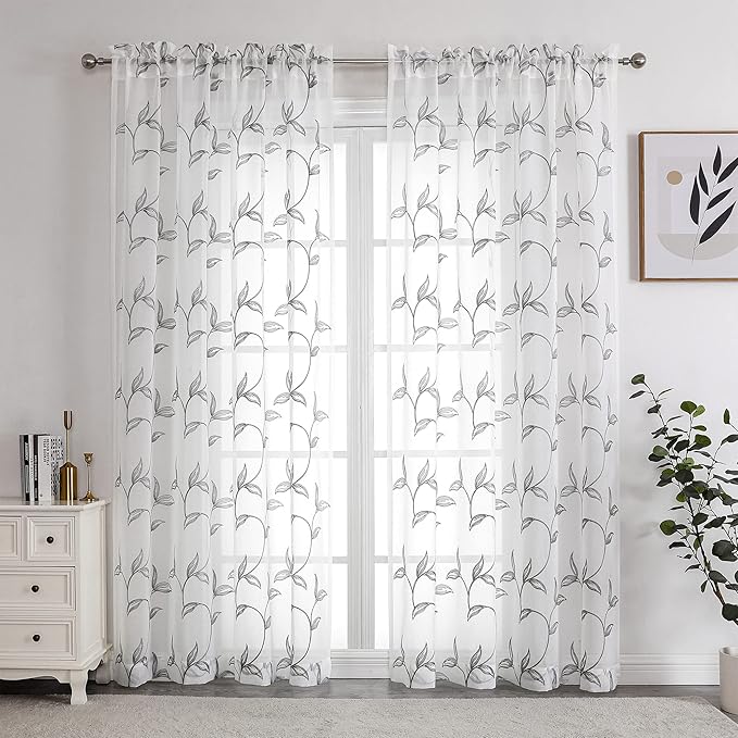 VISIONTEX Sheer Curtains 95 Inch Length 2 Panels, Decor Iron Grey Vine Leaves Embroidery on White Voile Pair, Accent Semi Window Drapes for Kitchen, Living Room and Bedroom, 54" W x 95" L