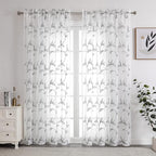VISIONTEX Sheer Curtains 108 Inch Length 2 Panels, Decor Iron Grey Vine Leaves Embroidery on White Voile Pair, Accent Semi Window Drapes for Kitchen, Living Room and Bedroom, 54" W x 108" L