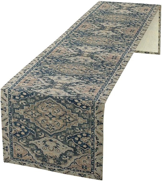 Vintage Boho Floral Table Runner, Rustic Country Farmhouse Blue Grey Retro Flower Pattern for Home Kitchen Table Decor Dining Coffee Room Party Decor 13x36in