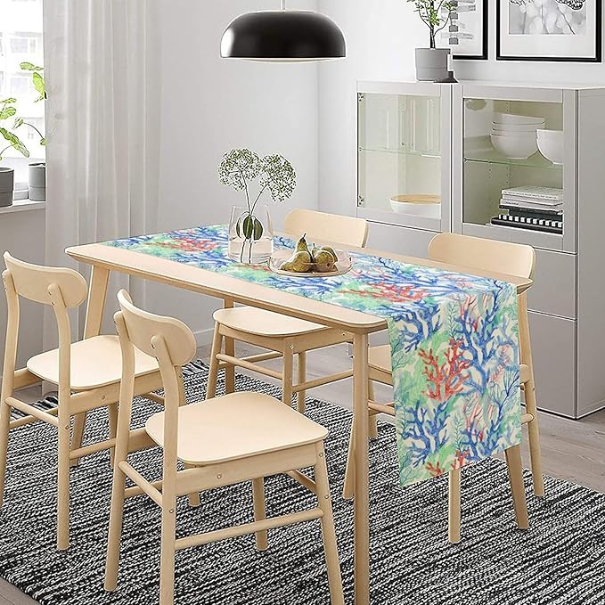 Summer Shell Starfish Table Runner, Seasonal Spring Summer Tropical Ocean Beach Indoor Party Kitchen Outdoor Table Decor 13x36 Inch