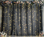 Black Sheer Backdrop Curtains with Lights String for Parties Birthday 10ft × 8ft Black Tulle Backdrop Curtain for Baby Shower Wedding Graduation Halloween Party Photo Shoot Decorations