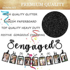 Pre-Strung Engaged Photo Banner - Black Glitter Engagement Party Decoration Supplies with Romantic Memories Picture Card Frames for Bachelorette, Bridal Shower, Wedding Party Photo Booth Props