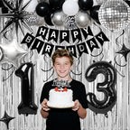 13th Birthday Decorations for Boys Girls, Black Silver Happy Birthday Party Decorations， 13 Year Old Party Supplies with Number 13 Balloons, Banner, Fringe Curtains Kit