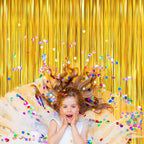 Gold Tinsel Backdrop Birthday Decorations, 2Pack Foil Curtain Backdrop Gold Streamers Dance Party Decorations Photo Booth Props for Bachelorette Decors Christmas Halloween New Years Eve Party Supplies