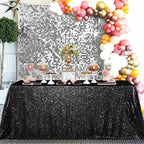 QueenDream Seamless Sequin Tablecloth 90x132 Inch Black Rectangular Tablecloth for Christmas Wedding Birthday Halloween
