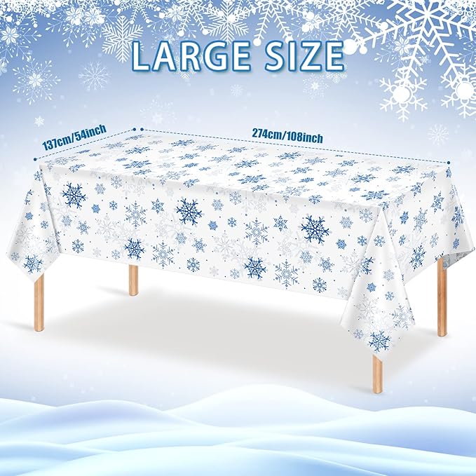 3 Pieces Snowflake Christmas Party Tablecloth Decorations,Plastic White Snowflake White Blue Xmas Backdrop Sign Table Cover Banner for Winter Christmas Holiday Party Supplies,54x108 inch（White/Blue）