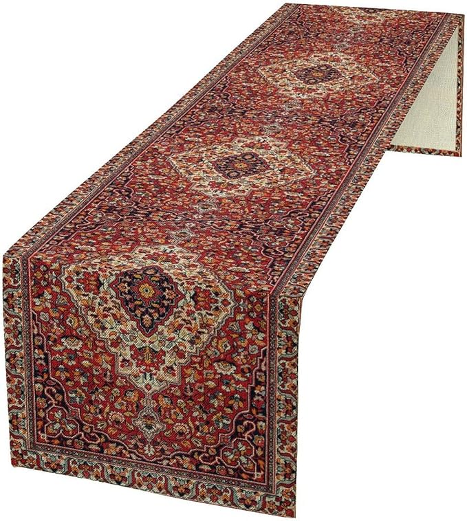 Boho Floral Vintage Table Runner, Paisley Retro Red Flower Rustic Country Farmhouse Abstract Pattern for Home Kitchen Table Decor Dining Coffee Room Party Decor 13x60in
