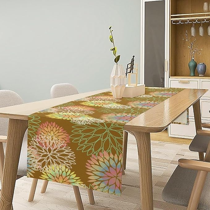 Brown Grey Dahlia Flower Table Runner, Linen Geometric Pattern Floral Table Decor Spring Farmhouse Decorations for Kitchen Dining Holiday Party Decor, 13x108 Inch