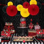 18 Pcs Red Yellow Black Hanging Paper Fan, Hanging Honeycomb Round Paper Fans for Weddings, Birthdays, Christmas, Baby Showers, Classroom, Events Ceiling Party Supplies Decorations