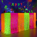 Mega-L Glow in The Dark Party Supplies, 4 Pack Neon Party Decorations Fluorescent Macaron Orange, Yellow and Fuchsia Wavy Metallic Tinsel Foil Fringe Table Skirts, Perfect Table Decors Glow Decors