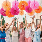 Outus 12 Pcs Hanging Honeycomb Paper Fans Sets, Fiesta Pink and Orange Party Decorations, Tissue Paper Flowers Supplies for Birthday Wall Classroom Wedding Bridal Photo Backdrop (14/10/6 Inch)