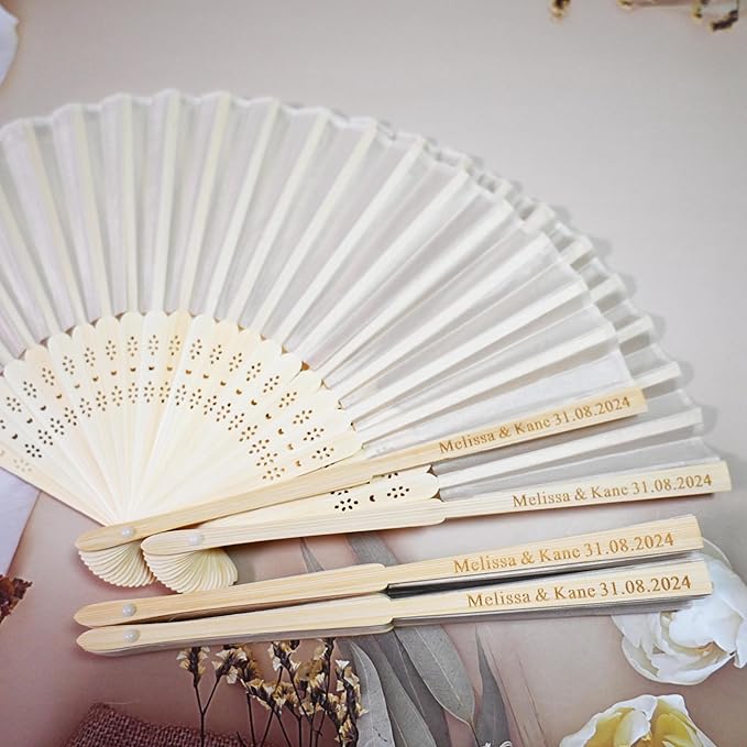 60 Set Personalized Cream Wedding Fans for Guests Bulk, Custom Engraved Summer Wedding Fans, Silk Hand Fans Handheld Folded Fan Baby Shower Favors for Bridal Bridesmaid Gift Church Dancing Party