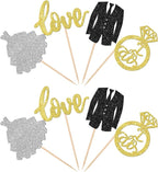24 PCS Wedding Cupcake Toppers Glitter Bride and Groom Cupcake Picks Love I Do Ring Cupcake Decorations for Wedding Engagement Bridal Shower Theme Party Cake Decorations Supplies Gold