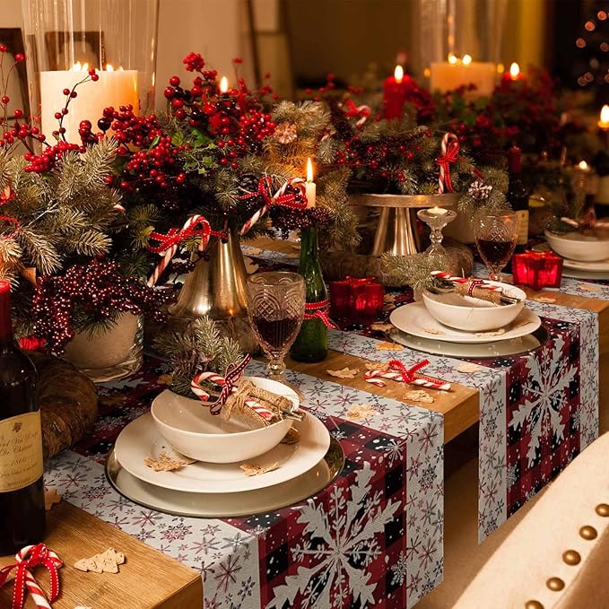 Buffalo Plaid Christmas Cotton Linen Table Runner for Dining Kitchen, Snowflake Red Black Check Wedding Outdoor Party Tablerunner Decoration,Retro Dresser Scarf Coffee Tablecloth Runners 13x120 Inches