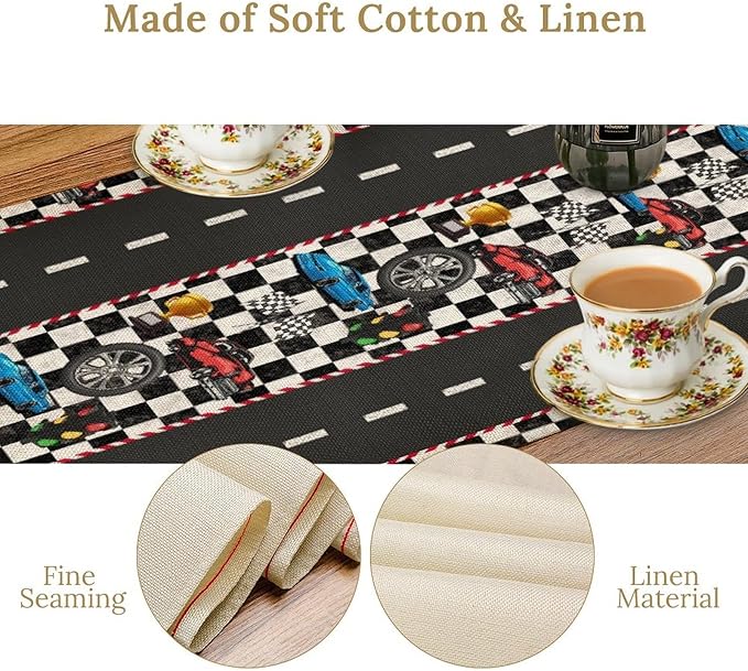 Race Car Table Runner,Checkered Flag Black and White Race Cars Pattern Print Tablecloth Burlap for Hotel Indoors Outdoor Dining Room Kitchen Home Decor,W13X L60 in