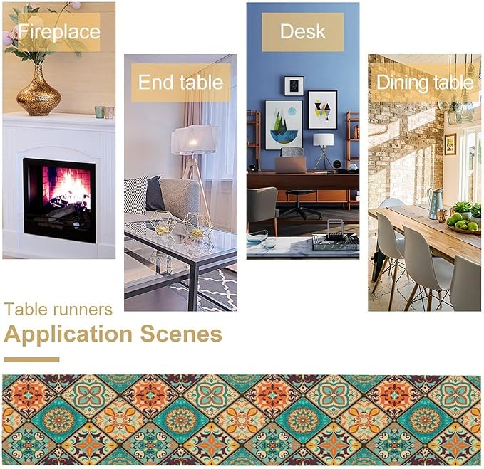 Bohemian Patchwork Table Runnerboho Colorful Tile Patchwork Indian Floral Print Table Runner for Home Kitchen Indoor Outdoor Party Wedding Decor, 13x60inch