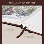 Beechmore Books A4 Sketchbook – 8.5x11 Premium Vegan Leather Bound Large Sketch Book Hardcover with 156 Thick 160gsm Perforated Ivory Pages, Blank Sketch Pad, Gift Boxed, Back Pocket, Ribbon Bookmark