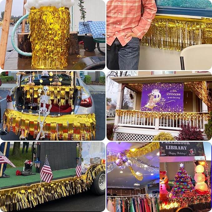 4 Pack Total 40 Feet Foil Fringe Garland Metallic Wall Hanging Drapes Tassel Skirting Tinsel Streamers Decorations for Parade Float Trailer Mardi Gras Party Birthday Wedding (Gold)
