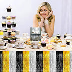 3 Pack 29 x108 Inch Black Gold Silver Foil Fringe Table Skirts Metallic Banner for Tinsel Streamer Garland Backdrop for Parade Floats Wedding Thanksgiving Birthday Christmas Halloween Party Decoration