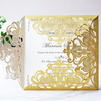 Hosmsua 6.3 x 6.3 Inch 50PCS Gold Glitter Laser Cut Wedding invitation Cards with Envelopes Hollow Lace Rose Invitation for Engagement Wedding Bridal Shower Invite (Gold Glitter)