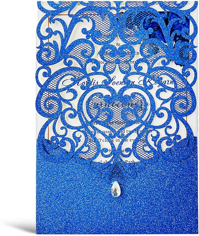Hosmsua 50PCS Wedding Invitations Cards 5 x 7.3 Inch Laser Cut Hollow Rose Invitation with Rhinestone for Bridal Shower Engagement Quinceañera (Royal Blue Glitter)