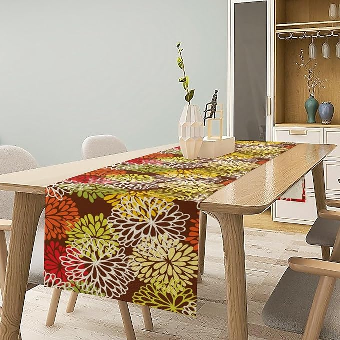 Brown Dahlia Floral Table Runner, Seasonal Autumn Thanksgiving Pattern Print for Home Kitchen Table Decor Dining Coffee Room Party Decor 13x60 Inch