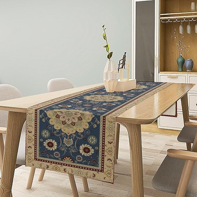 Vintage Boho Floral Table Runner, Elegant Rustic Country Farmhouse Blue Yellow Retro Flower Pattern for Home Kitchen Table Decor Dining Coffee Room Party Decor 13x36in