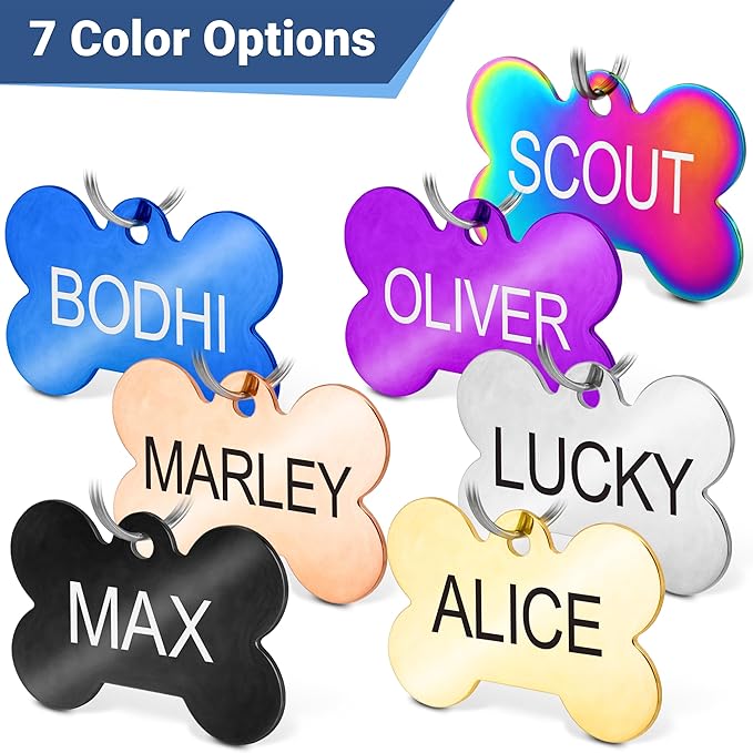 GoTags Stainless Steel Pet ID Tags, Personalized Dog Tags and Cat Tags, up to 8 Lines of Custom Text, Engraved on Both Sides, in Bone, Round, Heart, Bowtie and More (Bow Tie, Small (Pack of 1))