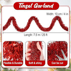 25 Feet Red Christmas Tinsel Garland, Metallic Foil Twist Banner Wall Hanging Tinsel Streamers Backdrop for Parade Floats, Christmas, Mother's Day, Birthday Party Decorations(4in x 25ft)