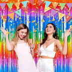 6 Pack Dark Rainbow Foil Fringe Curtains Backdrop, 3.28 x 8.2 Ft Metallic Streamers Tinsel Curtains Background for Photo Booth, Birthday, Weddings, Carnivals, Graduation, Themed Party Decorations