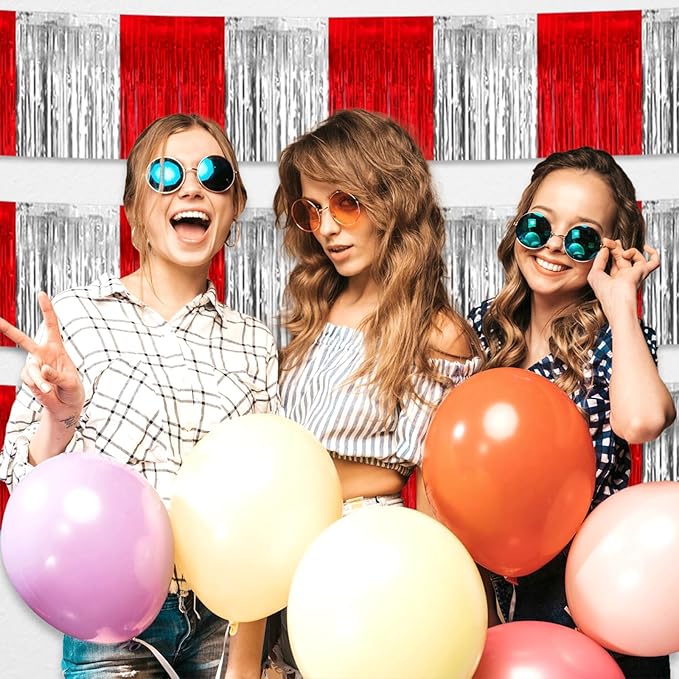 4 Pack 10 Feet Red Silver Foil Fringe Garland Metallic Tinsel Streamers Banner Wall Hanging Curtain Backdrop for Parade Floats, Wedding, Graduate, Mother's Day, Birthday Party Decoration