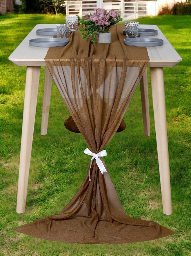 MDS 20 Pack 10ft Chiffon Table Runner 29 x 120 Inches Sheer Wedding Runner Romantic Rustic Table Runner for Wedding Decorations, Birthday Parties, Bridal Shower Party Arch Decor - Mocha